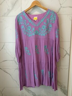 J. Marie Lavender Boho Embroidered Shift Dress with Teal Accents